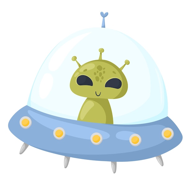 Personaje alienígena de dibujos animados en un platillo alienígena Ilustración plana de una linda nave alienígena verde Vector alienígena aislado en fondo blanco