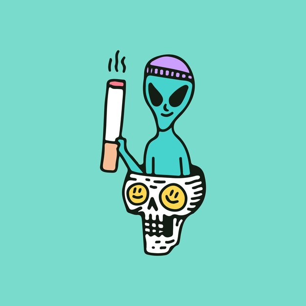 Personaje alienígena con sombrero de beanie sosteniendo un cigarrillo y relajándose en la cabeza del cráneo.