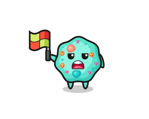 Personaje de ameba como juez de línea levantando la bandera, diseño de estilo lindo para camiseta, pegatina, elemento de logotipo