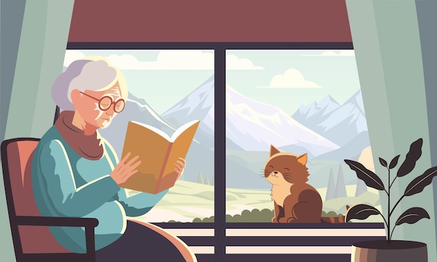 Vector personaje de anciana leyendo un libro en una silla con un jarrón de plantas y un gato adorable en el paisaje de montaña a través del fondo de la ventana