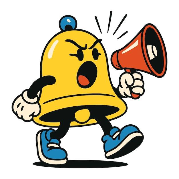 El personaje de Angry Bell con el megáfono anunciando en voz alta