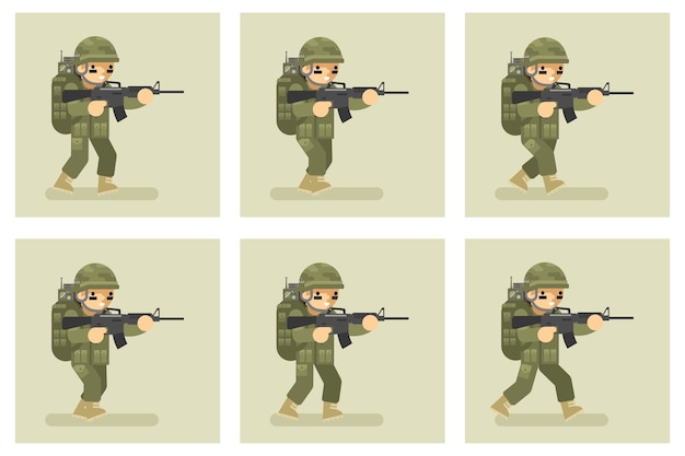 Personaje de animación de ejecución de diseño plano de soldado. ejército militar, acción de hombre en uniforme