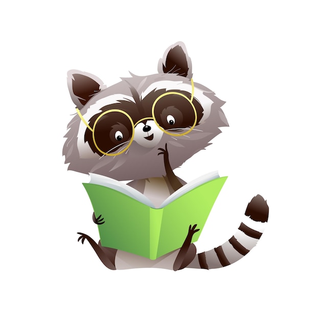 Personaje animal bebé mapaches leyendo un libro para niños