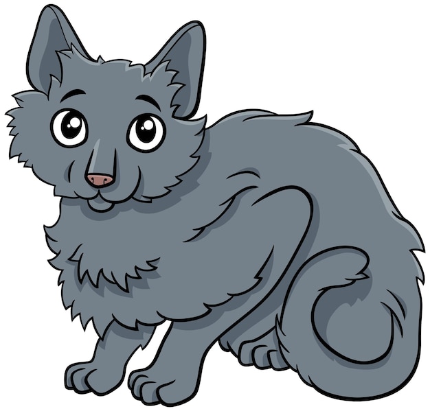 Vector personaje de animal cómico de gato gris esponjoso de dibujos animados