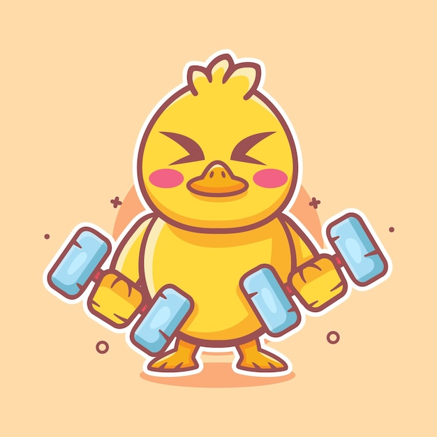 personaje animal de pato gracioso mascota haciendo culturismo usando manivela dibujos animados aislados