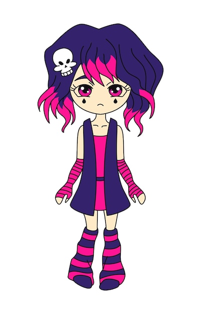 Vector personaje de anime de chica emo joven estilo y2k negro y rosa ilustración plana vectorial aislada