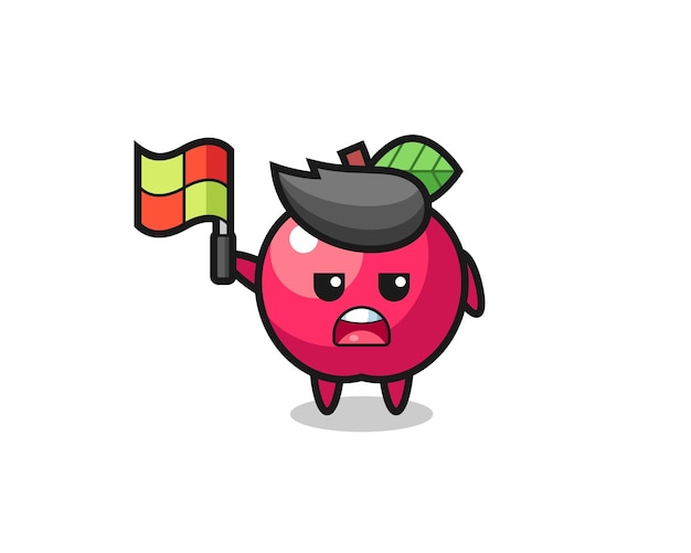 Personaje de Apple como juez de línea poniendo la bandera en un diseño de estilo lindo para el elemento del logotipo de la etiqueta de la camiseta