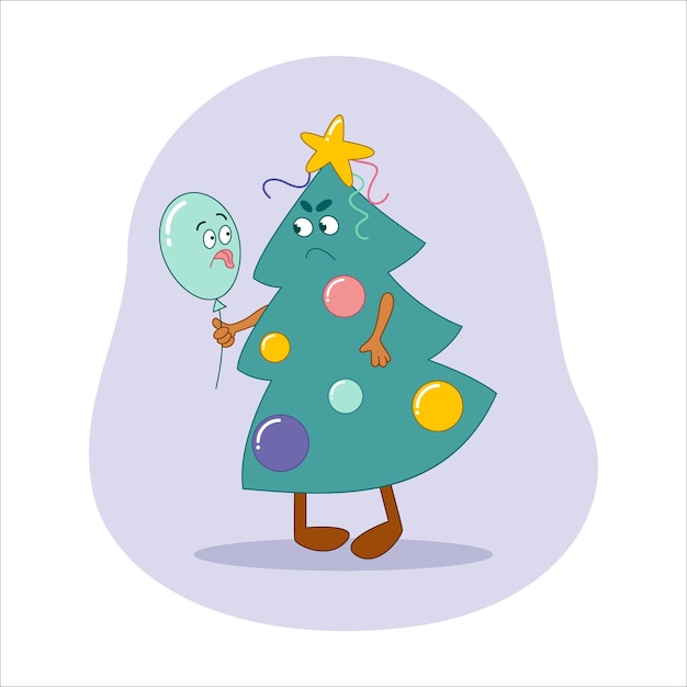Personaje de árbol de navidad enojado con un globo estilo de dibujos animados ilustración vectorial