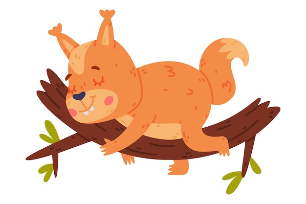 El personaje de la ardilla divertida con la cola espesa durmiendo en la rama del árbol Ilustración vectorial