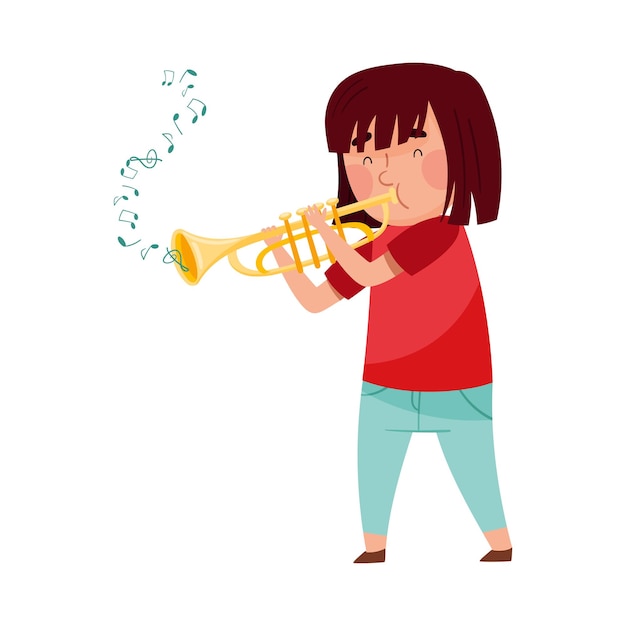 Personaje artístico de chica tocando el trombón en la lección de música Ilustración vectorial