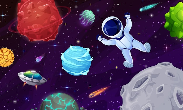 Personaje de astronauta de dibujos animados planetas del espacio exterior