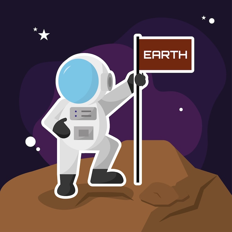 Vector un personaje astronauta lindo con una bandera en el planeta.