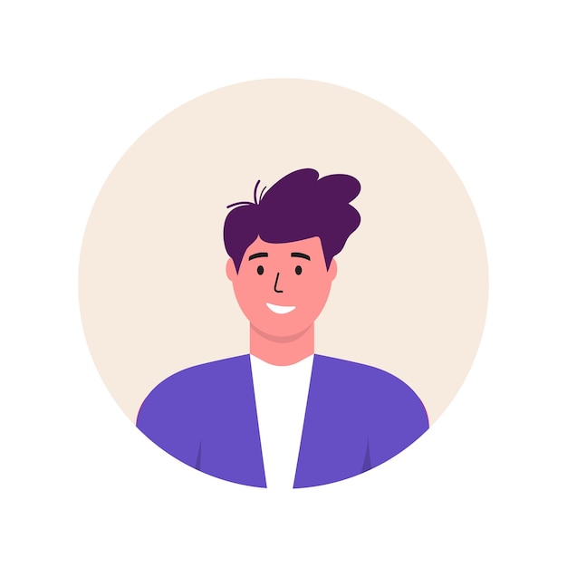 Personaje de avatar de moda de icono de hombres. ilustración de vector plano de gente alegre y feliz. marco redondo. retratos masculinos, grupo, equipo. adorables chicos aislados sobre fondo blanco