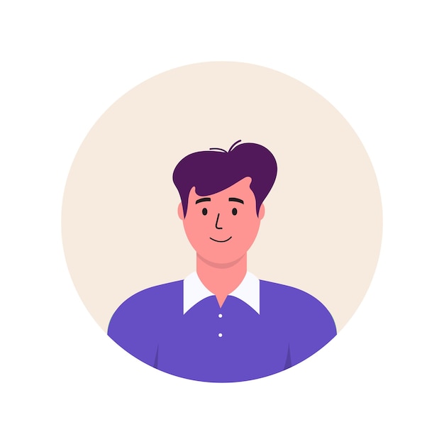 Personaje de avatar de moda de icono de hombres. Ilustración de vector plano de gente alegre y feliz. Marco redondo. Retratos masculinos, grupo, equipo. Adorables chicos aislados sobre fondo blanco