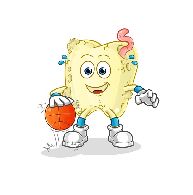 Personaje de baloncesto con caries dental. vector de mascota de dibujos animados