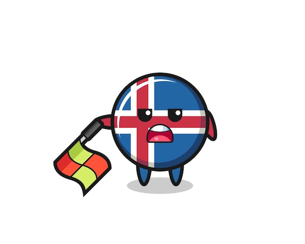 El personaje de la bandera de Islandia como juez de línea sostiene la bandera en un diseño lindo de ángulo de 45 grados