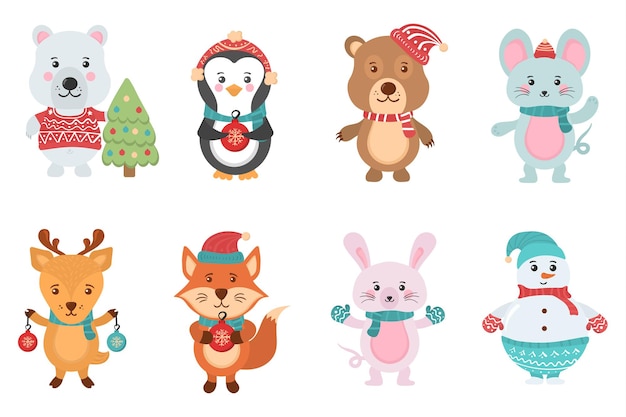 Personaje en banner de diseño plano con muñecos de nieve de animales lindos de Navidad en suéteres de sombreros de santa claus