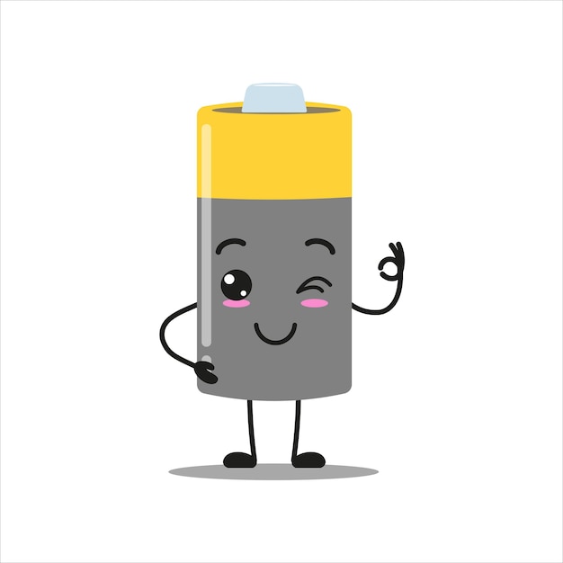 El personaje de la batería feliz y lindo es un emoticon de dibujos animados sonriente y parpadeante en estilo plano.