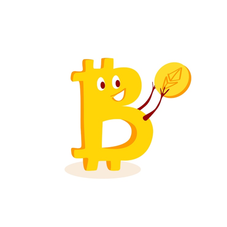 Vector el personaje de bitcoin tiene una moneda criptográfica concepto de moneda criptográfica ilustración de dibujos animados vectoriales