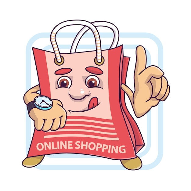 Personaje de bolsa de dibujos animados divertido haciendo compras en línea mirando el reloj