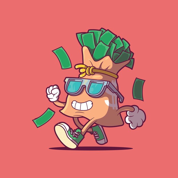 Un personaje de bolsa de dinero que parece una ilustración vectorial genial Concepto de diseño de estilo de riqueza financiera