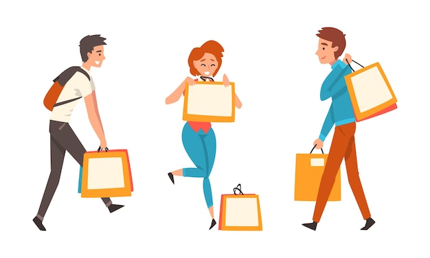 Personaje con bolsas de compras haciendo compras en un conjunto vectorial de centros comerciales