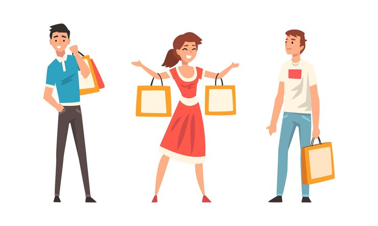 Vector personaje con bolsas de compras haciendo compras en un conjunto vectorial de centros comerciales