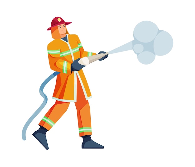 Vector personaje de bombero con manguera y spray de agua