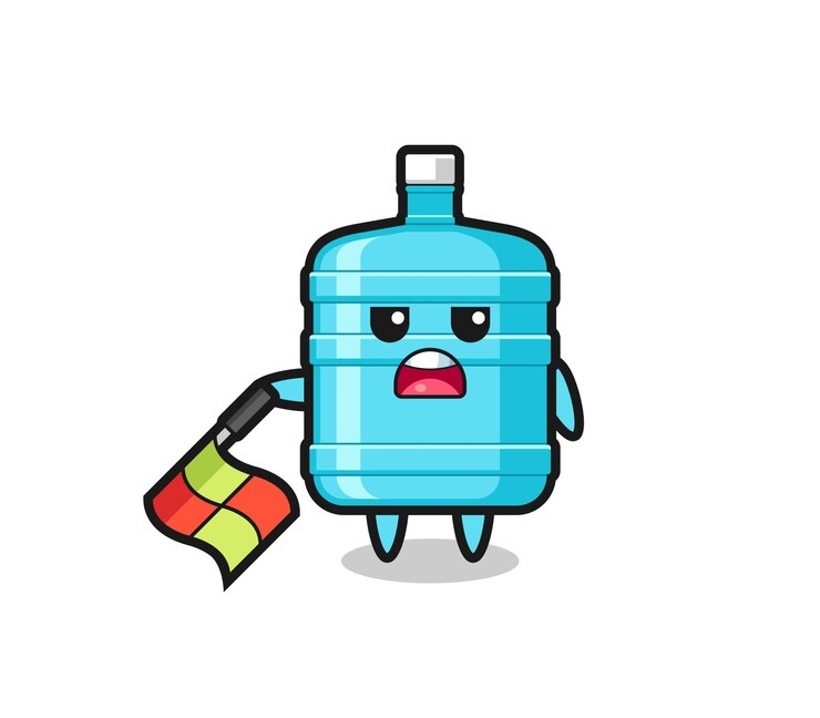 Vector el personaje de una botella de agua de un galón como juez de línea sostiene la bandera en un ángulo de 45 grados