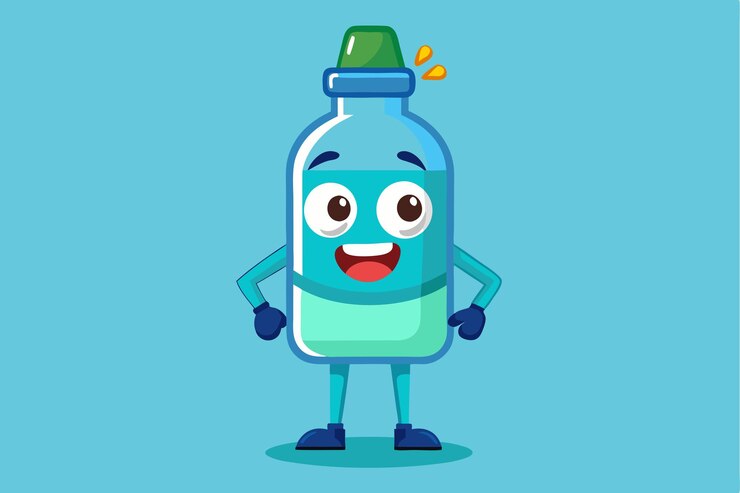 Vector un personaje de botella de dibujos animados feliz con una cara sonriente se encuentra con confianza rodeado por un telón de fondo azul vibrante un personaje de caricatura de una botella
