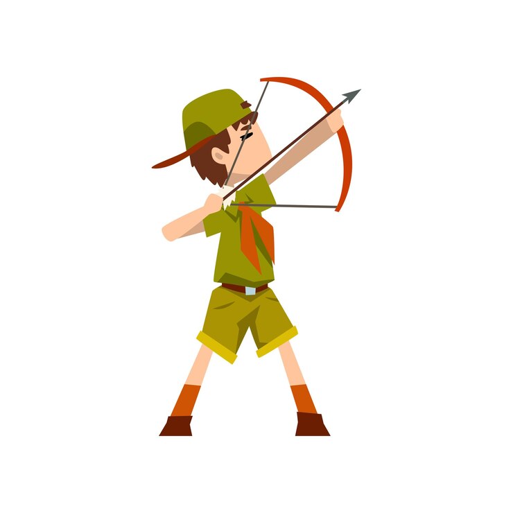 Vector personaje de boy scout en uniforme, arco y flecha, aventuras al aire libre y actividad de supervivencia en el campamento. ilustración aislada sobre un fondo blanco.