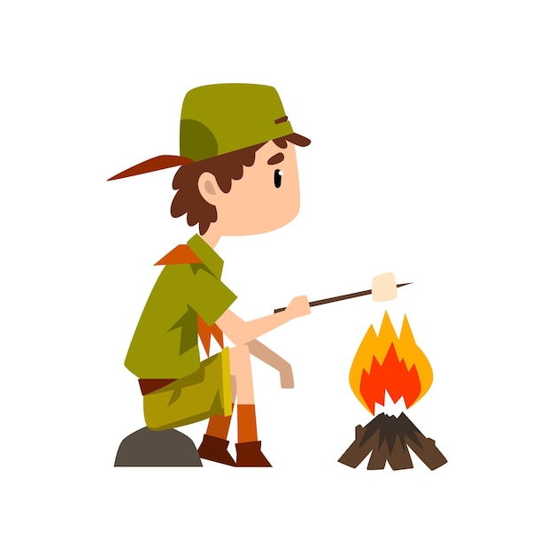 Personaje de boy scout en uniforme fritando marshmallow en una fogata aventuras al aire libre y actividad de supervivencia en el campamento vector Ilustración aislada en un fondo blanco