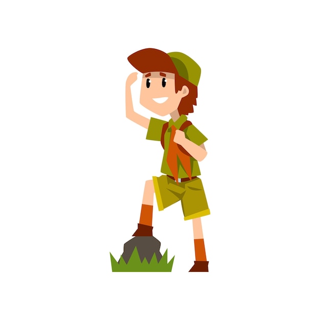 Personaje de boy scout en uniforme observando algo desde la distancia aventuras al aire libre y actividad de supervivencia en el vector de acampada Ilustración aislada sobre un fondo blanco