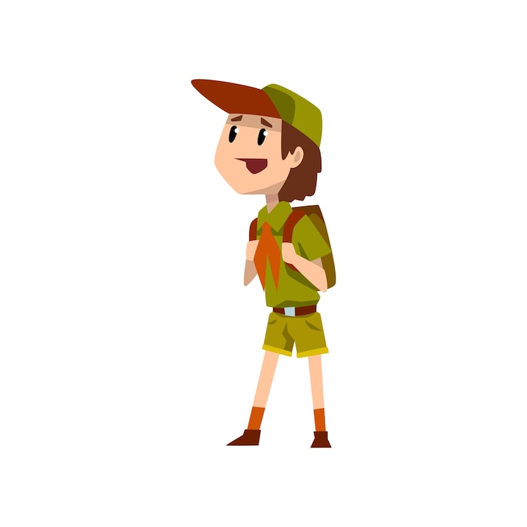 Vector personaje de boy scout en uniforme de pie con vector de mochila ilustración aislada en un fondo blanco