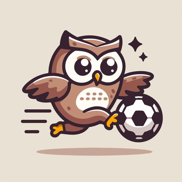 Vector el personaje del búho está jugando a la pelota con el estilo de dibujos animados y el concepto de la mascota de la pelota