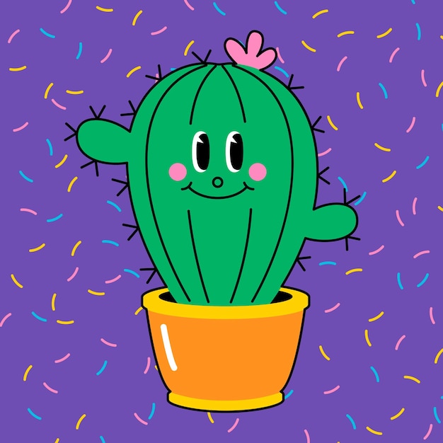 Vector personaje de cactus en una linda ilustración de estilo de animación retro