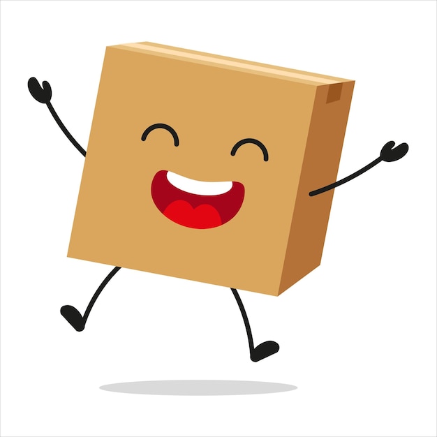 El personaje de la caja de cartón feliz y lindo, la celebración de la victoria divertida, el emoticon del paquete del árbitro en estilo plano.