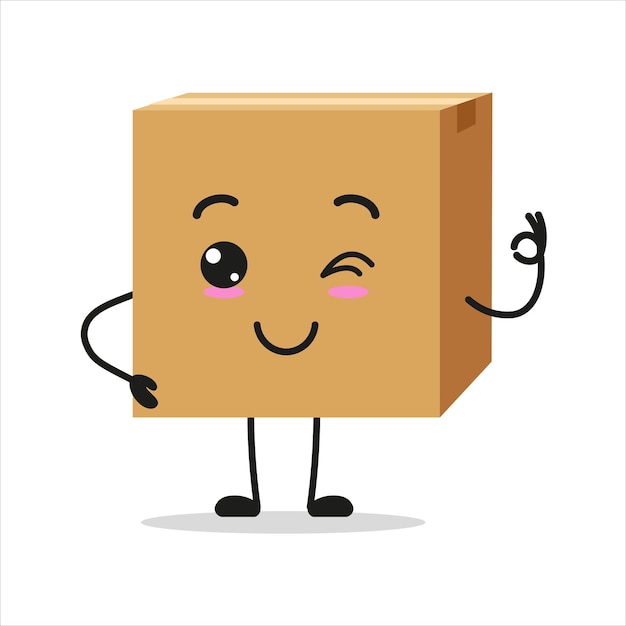 El personaje de la caja de cartón feliz y lindo es un emoticon de dibujos animados de paquete sonriente y parpadeante en estilo plano.