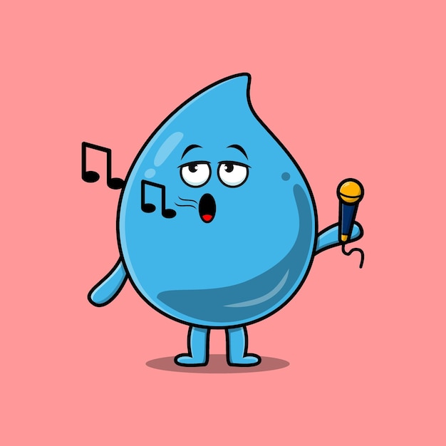 Personaje de cantante de gota de agua de dibujos animados lindo con micrófono en diseño de estilo plano moderno