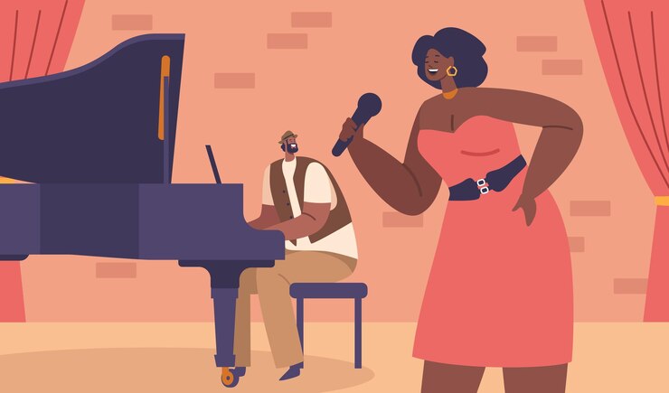 Vector personaje de cantante de mujer negra y pianista cautivando a la audiencia con una animada actuación de jazz en el escenario