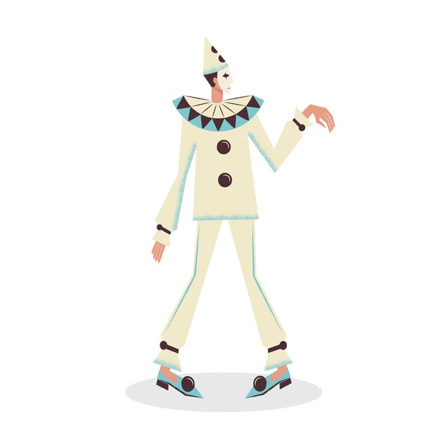 Vector el personaje del carnaval veneciano es piero payaso llorando del circo disfraz de mascarada de un triste arlequín ilustración vectorial plana aislada en fondo blanco