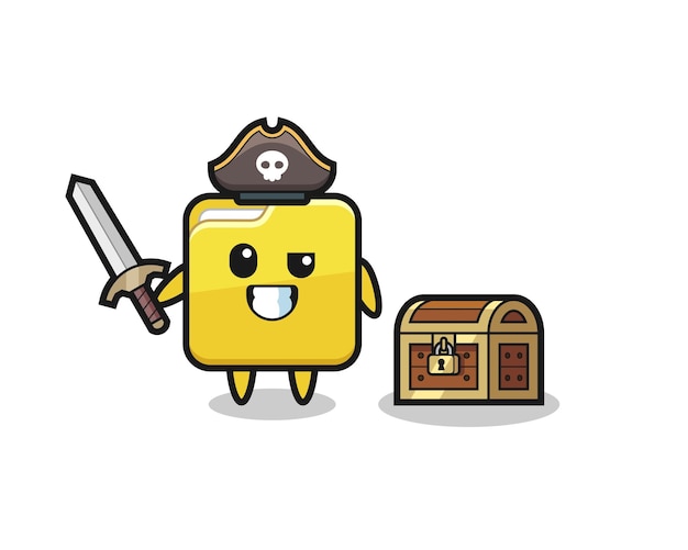 El personaje de carpeta pirata sosteniendo la espada al lado de una caja del tesoro, diseño de estilo lindo para camiseta, pegatina, elemento de logotipo