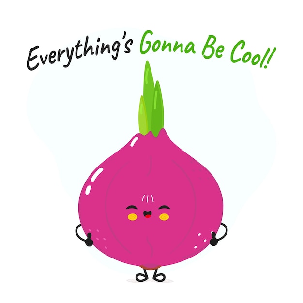 El personaje de la cebolla Todo va a ser genial tarjeta vectorial dibujada a mano dibujado de dibujos animados kawaii icono de ilustración de personaje aislado en fondo blanco concepto de personaje de cebolla