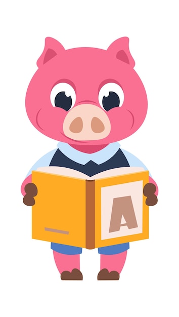 Personaje de cerdo divertido libro de lectura de animales domésticos de dibujos animados lechón en uniforme con libro de texto educación y obtención de conocimientos en la escuela publicidad de ilustración de vector de librería