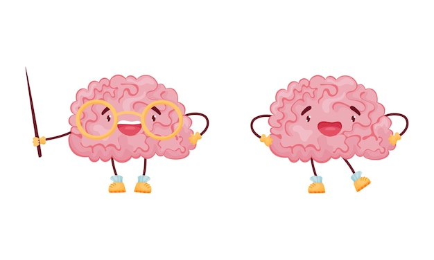 Personaje del cerebro de dibujos animados de pie con puntero y conjunto de vectores sonrientes