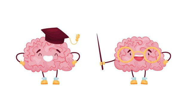 Personaje del cerebro de dibujos animados que lleva la gorra de graduación y sostiene el conjunto vectorial del puntero