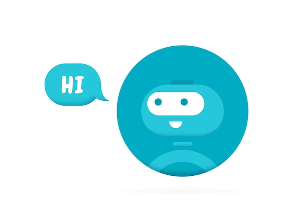 El personaje de Chatbot dice HI Cute 3d Bot sign Chat bot logo design Bot para consulta en línea y servicio de soporte Ilustración de vector plano