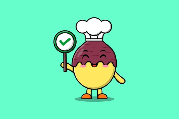 Personaje de chef de camote de dibujos animados lindo sosteniendo el letrero correcto en la ilustración de personaje vectorial