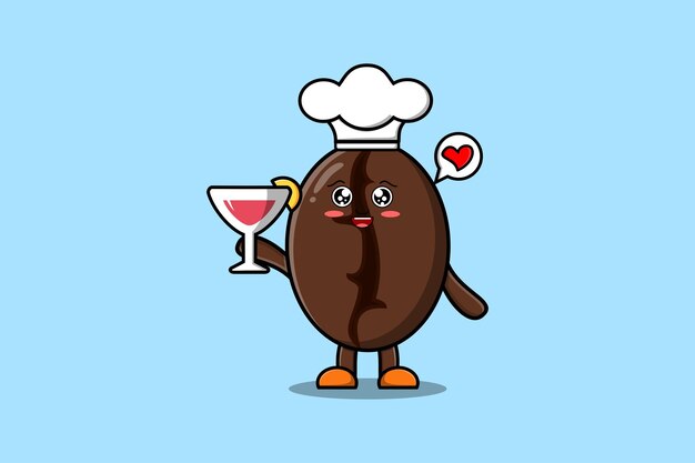 Personaje de chef de dibujos animados lindo granos de café con ilustración de estilo de dibujos animados plana de copa de vino