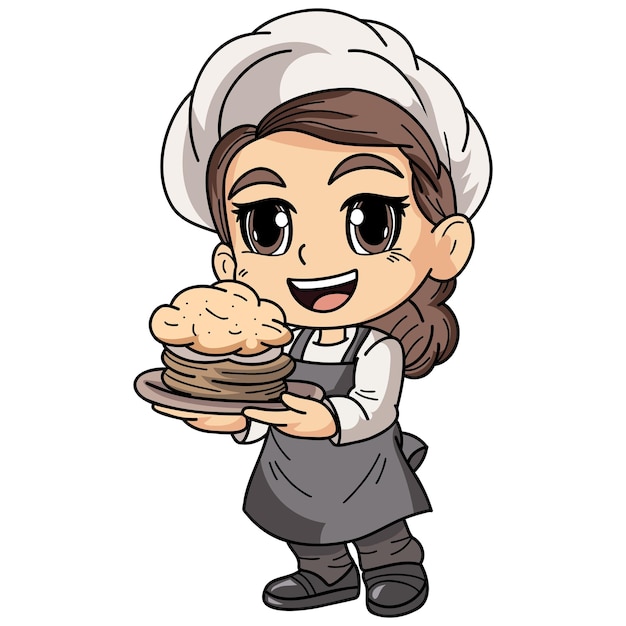 Personaje de chef femenino feliz con ilustración de comida en estilo garabato